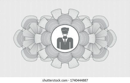 Estampilla gris de estilo rosetón o dinero. Ilustración vectorial. Detallado con un hombre con un icono de máscara de cara dentro