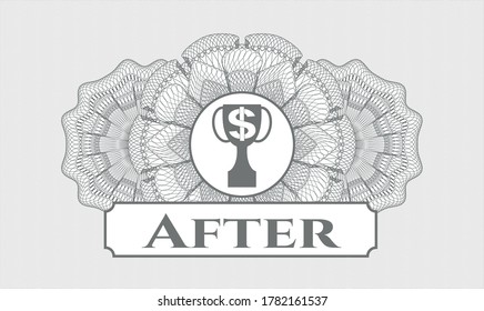 Grey rosette (money style emblem). Vector Illustration. Detailed with trophy with money symbol inside icon and After text inside