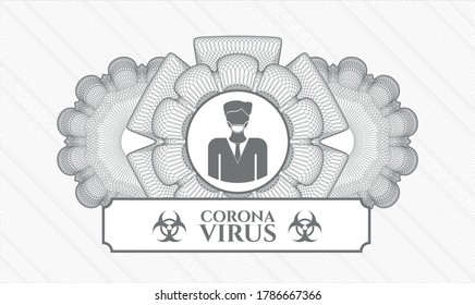 Grey rosette or money style emblem. Vector Illustration. Detailed with man wearing face mask icon and Coronavirus text inside