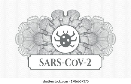 Rosette gris (emblema del estilo del dinero). Ilustración vectorial. Detallado con icono de fallo y texto SARS-CoV-2 dentro