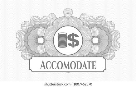 Grey rosette (money style emblem). Vector Illustration. Detailed with stack of coins icon and Accomodate text inside