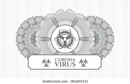 Grey rosette or money style emblem. Vector Illustration. Detailed with biohazard covid-19 icon and Coronavirus text inside