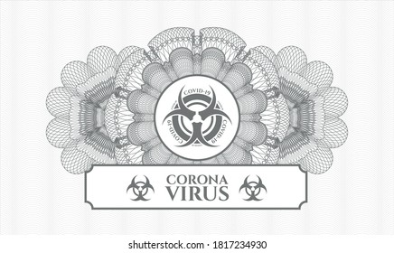 Grey rosette or money style emblem. Vector Illustration. Detailed with biohazard covid-19 icon and Coronavirus text inside