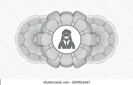 Grey rosette (money style emblem). Vector Illustration. Detailed with woman wearing face mask icon inside