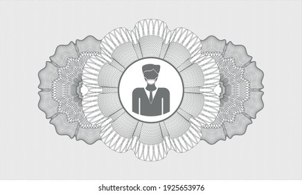 Graue Rosette oder Geldstil-Emblem. Vektorgrafik. Detaillierte Angaben mit einem Mann mit einer Gesichtsmaske-Ikone im Inneren