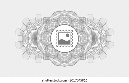 Grey rosette or money style emblem. Vector Illustration. Detailed with picture icon inside