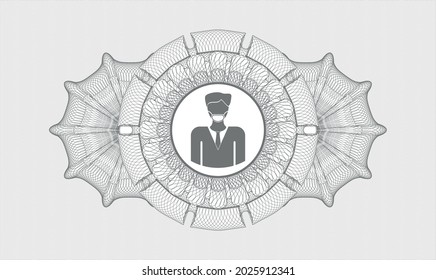 Grey rosette or money style emblem. Vector Illustration. Detailed with man wearing face mask icon inside