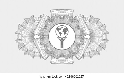 Grey rosette (money style emblem). Vector Illustration. Detailed with man lifting world icon inside