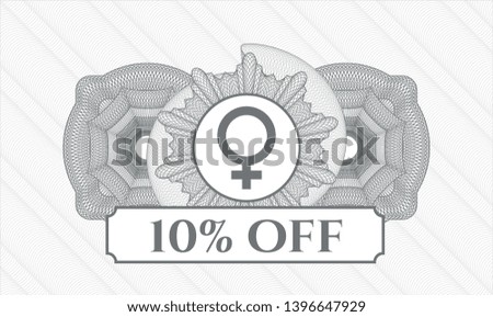 Grey rosette (money style emblem) with female icon and 10% Off text inside