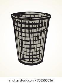 Grey rough wire iron trashbin for refuse on light backdrop. Freehand linear dark ink hand drawn picture logo sketchy in art retro scribble cartoon graphic style. Closeup view with space for text
