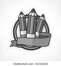 Grey round award emblem with wooden pencils and ribbon on white. Creative drawing pencil logo. Vector illustration