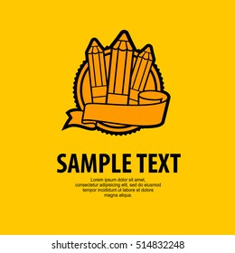 Grey round award emblem with wooden pencils and ribbon on yellow. Creative drawing pencil logo. Vector illustration