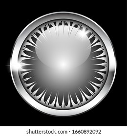 Grey round background with an ornate silver frame. Vector illustration