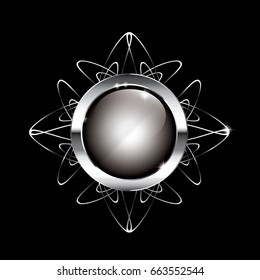 Grey round background with an ornate silver frame, with space for your text. Vector illustration.