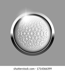 Grey round background with a web pattern and a silver frame. Vector illustration