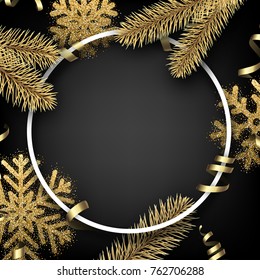 Grey round Christmas background with golden fir branches and snowflakes. Vector illustration.