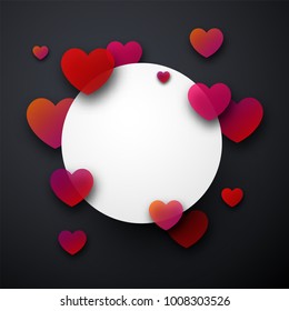 Grey round love valentine's card with red and pink hearts. Vector illustration.