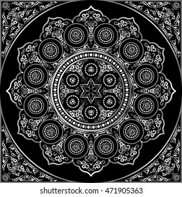 Grey Round Ornament Pattern on black - Arabic, Islamic, East style. Vector illustration for greeting card, postcard, invitation, poster, banner etc. Oriental decorative element