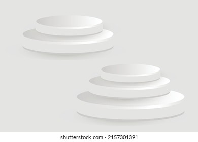 Grey  round podium. Pedestal in pastel colored room with spot lights scene. Vector illustration.