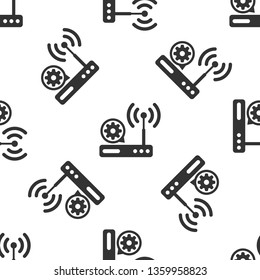 Grey Router and wi-fi signal and gear icon isolated seamless pattern on white background. Adjusting app, service concept, setting options, maintenance, repair, fixing. Vector Illustration