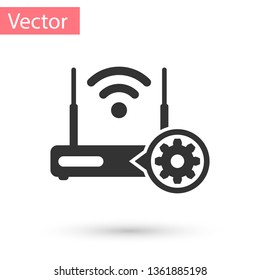 Grey Router and wi-fi signal and gear icon isolated on white background. Adjusting app, service concept, setting options, maintenance, repair, fixing. Vector Illustration