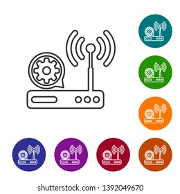 Grey Router and wi-fi signal and gear line icon on white background. Adjusting app, service concept, setting options, maintenance, repair, fixing. Set icon in color circle buttons. Vector Illustration