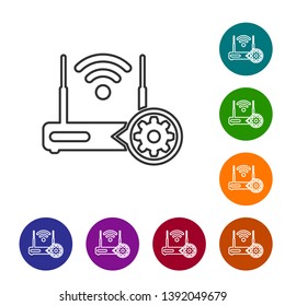 Grey Router and wi-fi signal and gear line icon on white background. Adjusting app, service concept, setting options, maintenance, repair, fixing. Set icon in color circle buttons. Vector Illustration