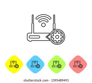 Grey Router and wi-fi signal and gear line icon on white background. Adjusting app, service concept, setting options, maintenance, repair, fixing. Set in color rhombus buttons. Vector Illustration