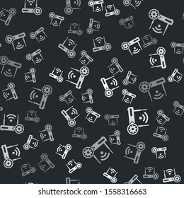Grey Router and wi-fi signal and gear icon isolated seamless pattern on black background. Adjusting app, service concept, setting options, maintenance, repair, fixing.  Vector Illustration
