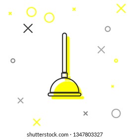 Grey Rubber plunger with wooden handle for pipe cleaning line icon isolated on white background. Toilet plunger. Vector Illustration