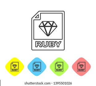Grey RUBY file document icon. Download ruby button line icon isolated on white background. RUBY file symbol. Set icon in color rhombus buttons. Vector Illustration