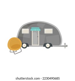 Grey RV or house trailer with chair cartoon illustration. Vintage van or camping truck for travel, adventure, family vacation isolated on white background. Campsite, camp, transportation concept