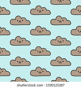 Grey sad clouds on blue sky hand drawn seamless pattern cartoon style
