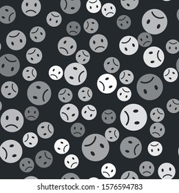 Grey Sad smile icon isolated seamless pattern on black background. Emoticon face.  Vector Illustration