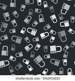 Grey Safe combination lock icon isolated seamless pattern on black background. Combination padlock. Security, safety, protection, password, privacy.  Vector