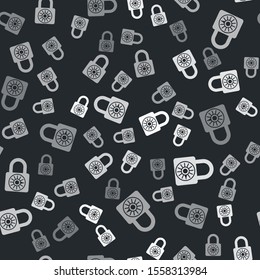 Grey Safe combination lock wheel icon isolated seamless pattern on black background. Combination padlock. Security, safety, protection, password, privacy.  Vector Illustration