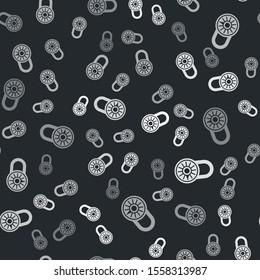 Grey Safe combination lock wheel icon isolated seamless pattern on black background. Combination padlock. Security, safety, protection, password, privacy.  Vector Illustration