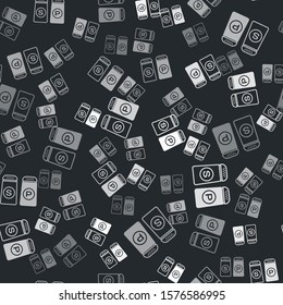 Grey Salt and pepper icon isolated seamless pattern on black background. Cooking spices.  Vector Illustration