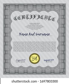 Grey Sample Certificate. Cordial design. Customizable, Easy to edit and change colors. With guilloche pattern and background. 