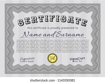 Grey Sample certificate or diploma. With complex linear background. Excellent design. Vector illustration. 