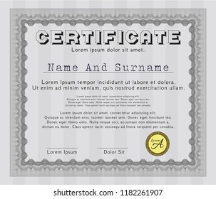 Grey Sample certificate or diploma. With complex linear background. Vector illustration. Lovely design. 