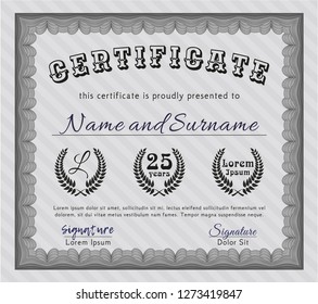 Grey Sample certificate or diploma. With complex background. Vector illustration. Superior design. 