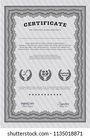 Grey Sample certificate or diploma. Cordial design. Customizable, Easy to edit and change colors. Easy to print. 