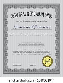 Grey Sample certificate or diploma. Cordial design. With guilloche pattern. Detailed. 