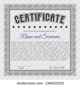 Grey Sample certificate or diploma. Customizable, Easy to edit and change colors. With complex linear background. Retro design. 