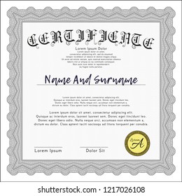 Grey Sample certificate or diploma. Elegant design. Detailed. With complex background. 