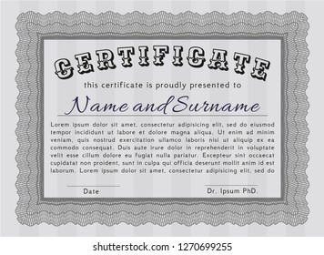 Grey Sample certificate or diploma. Elegant design. Detailed. With background. 