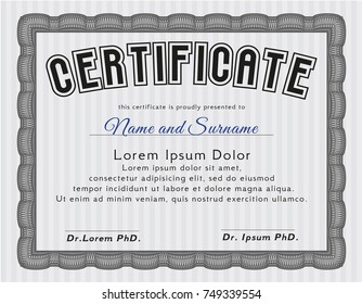 Grey Sample certificate or diploma. Excellent design. With great quality guilloche pattern. Vector illustration. 