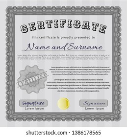 Grey Sample certificate or diploma. With guilloche pattern and background. Superior design. Customizable, Easy to edit and change colors. 