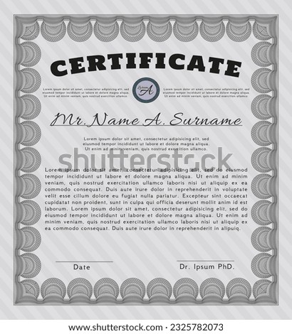 Grey Sample certificate or diploma.  Lovely design.  With guilloche pattern.  Customizable, Easy to edit and change colors. 